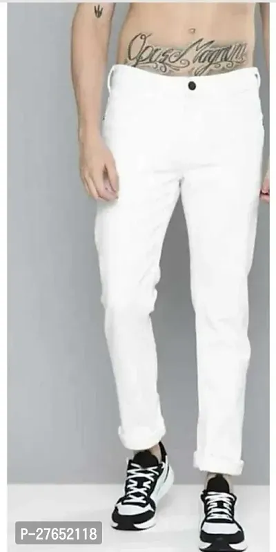 Elegant White Denim Solid Jeans For Men-thumb0