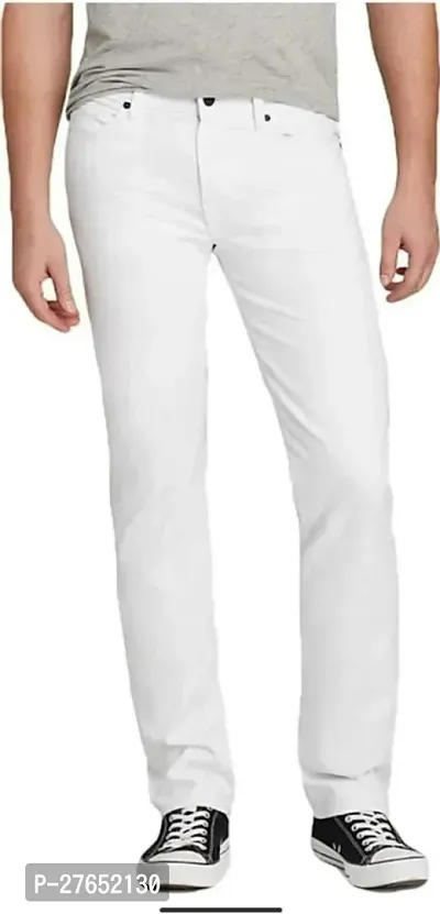 Elegant White Denim Solid Jeans For Men-thumb0