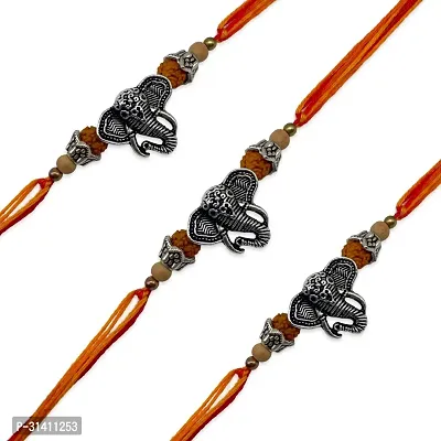 (Set Of 3) Silver Oxidized Ganesha/Beads Mauli Thread Rakhi-thumb2