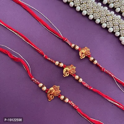 Rakhi Set Of 3 Latest Designer Ganesh Rakhi With Pearls Red Thread Rakhi For Rakshabandhan-thumb0