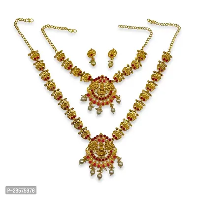 Gold Plated Long And Choker Necklace With Earrings Laxmi Design Pendant With Pearl For Women-Set Of 2-thumb3