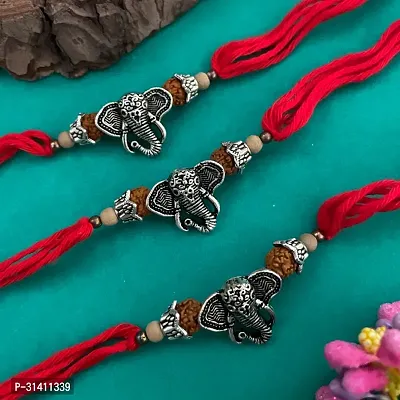 (Set Of 3) German Silver Lord Ganesha/Rudraksha Rakhi Bracelet