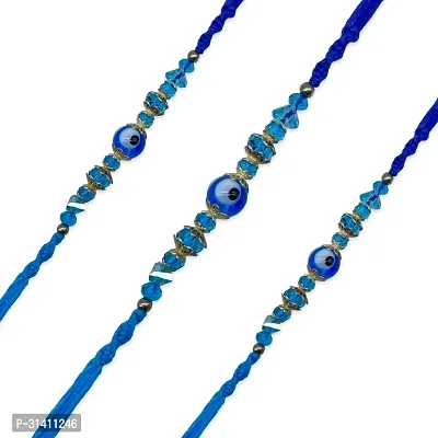 (Set Of 3) Blue Evil Eye Crystal/Beads Rakhi For Raksha Bandhan-thumb2