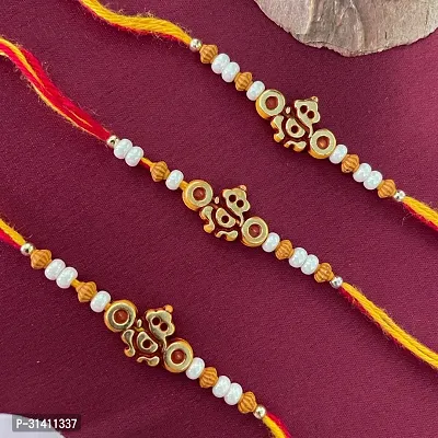 (Set Of 3) Lord Ganesha/Pearls , Beads Mauli Thread Rakhi Bracelet-thumb0