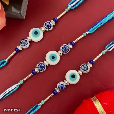 (Set Of 3) White Evil Eye/Blue Beads Multicolor Thread Rakhi