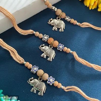 (Set Of 3) Elephant Charm/Chandan Beads Rakhi Bracelet-thumb0