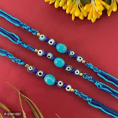 (Set Of 3) Blue Evil Eye Beads With Criss Cross Thread Rakhi-thumb0