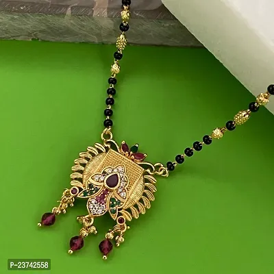 Short Mangalsutra Designs AD And Multi Stone Floral Pendant Single Line Gold And Black Beads Chain Stylish Gold Plated Necklace Fancy Mangalsutra Maharashtrian Tanmaniya Designs For Women (18 Inches)