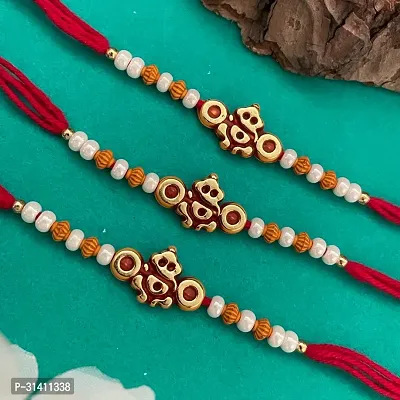 (Set Of 3) Lord Ganesha/Pearls , Beads Red Thread Rakhi Bracelet