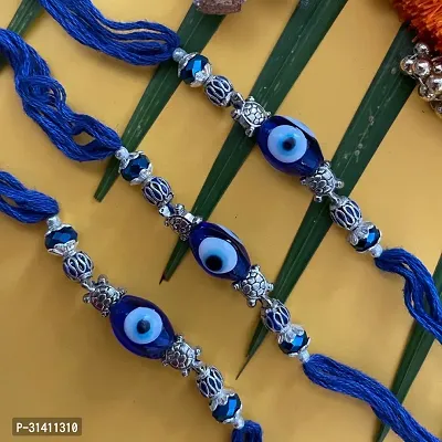 (Set Of 3) Tortoise/Evil Eye Charm Dark Blue Thread Rakhi