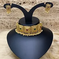 Gold Plated Choker Necklace Earring Set Geometric Design Red And Green Stone With Pearl For Women-thumb1