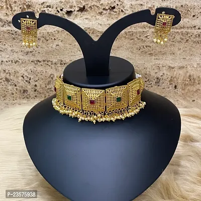 Gold Plated Choker Necklace Earring Set Geometric Design Red And Green Stone With Pearl For Women-thumb2