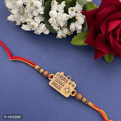 Rakhi Designs Set For Selfie Wala Bhai Slogan With Gold Plated Wood Beads Red/Yellow Rakshasutra-thumb0