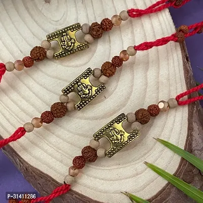 (Set Of 3) Gold Plated Ganesh Ji/Rudraksha Rakhi Bracelet