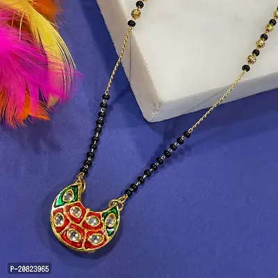 Short Mangalsutra Designs Stylish New Gold Plated Necklace Simple Mangalsutra Maharashtrian Tanmaniya Red Green Kundan Pendant Single Line Gold  Black Beads Chain Designs For Women (18 Inches)