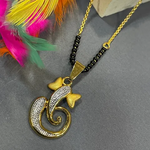 Short Mangalsutra Stylish New Gold Plated Necklace Simple Mangalsutra Maharashtrian Tanmaniya Gold  AD Ganesha Pendant Single Line Gold  Black Beads Chain Designs For Women (18 Inches)