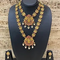 Gold Plated Long And Choker Necklace With Earrings Laxmi Design Pendant With Pearl For Women-Set Of 2-thumb1