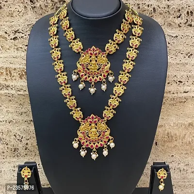 Gold Plated Long And Choker Necklace With Earrings Laxmi Design Pendant With Pearl For Women-Set Of 2-thumb2