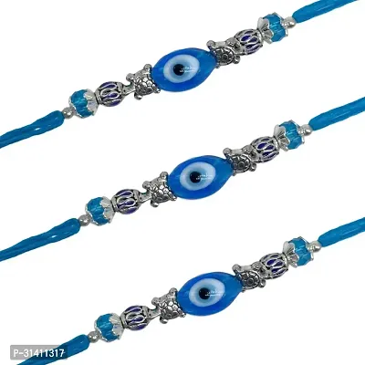 (Set Of 3) Tortoise/Sky Blue Evil Eye With Crystal Beads Rakhi-thumb2