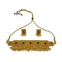 Gold Plated Choker Necklace Earring Set Geometric Design Red And Green Stone With Pearl For Women-thumb2