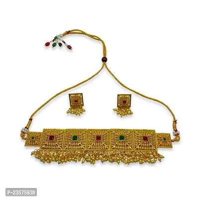 Gold Plated Choker Necklace Earring Set Geometric Design Red And Green Stone With Pearl For Women-thumb3