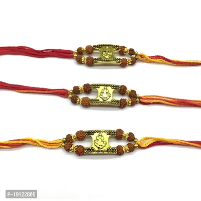 Set Of 3 Gold Plated Lord Ganesha And Rudraksha Rakhi For Raksha Bandhan |Mauli Thread For Brother-thumb2