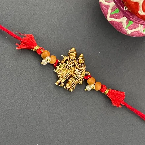 Fancy Radha Krishna With Chandan Beads Rakhi For Happy Raksha Bandhan Festival | Best Rakhi Online | Red Thread Bracelet For Brother And Sister | Cute Gift For Rakhee Celebration