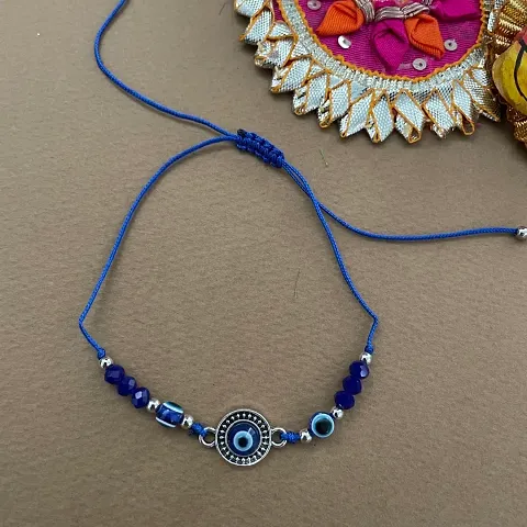 Silver Plated Blue Evil Eye Rakhi For Happy Raksha Bandhan Festival | Best Rakhi Online | Blue Thread Bracelet For Brother And Sister | Cute Gift For Rakhee Celebration
