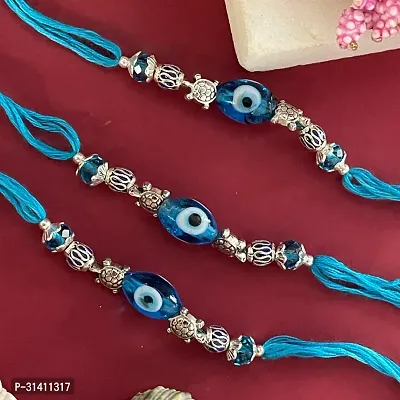 (Set Of 3) Tortoise/Sky Blue Evil Eye With Crystal Beads Rakhi