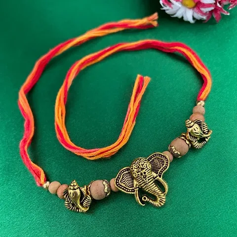 Gold Plated Lord Ganesha With Chandan Beads Rakhi For Happy Raksha Bandhan Festival | Best Rakhi Online | Mauli Thread Bracelet For Brother And Sister | Cute Gift For Rakhee Celebration