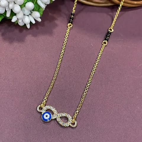 Short Mangalsutra Stylish New Gold Plated Necklace Simple Mangalsutra Maharashtrian Tanmaniya Infinity  Blue Evil Eye Pendant Single Line Gold  Black Beads Chain Designs For Women (18 Inches)