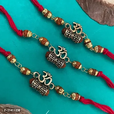 (Set Of 3) Om/Damru , Rudraksha Beads Red Thread Rakhi Bracelet