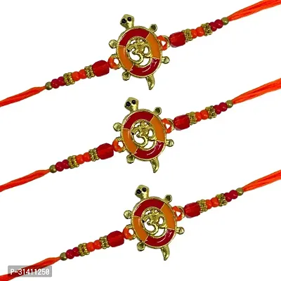 (Set Of 3) Gold Plated Tortoise Om Beads Thread Rakhi Bracelet-thumb2