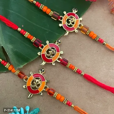 (Set Of 3) Gold Plated Tortoise Om Beads Thread Rakhi Bracelet