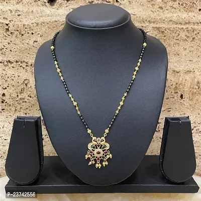 Short Mangalsutra Designs AD And Multi Stone Peacock Pendant Single Line Gold And Black Beads Chain Stylish Gold Plated Necklace Fancy Mangalsutra Maharashtrian Tanmaniya Designs For Women (18 Inches)-thumb2