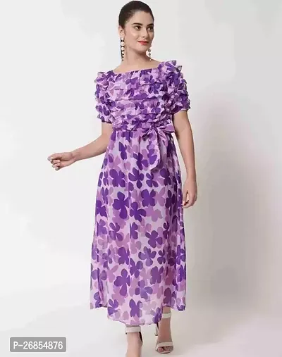 Stylish Purple Crepe Printed Fit And Flare Dress For Women