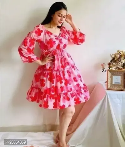 Stylish Pink Crepe Printed Fit And Flare Dress For Women-thumb0