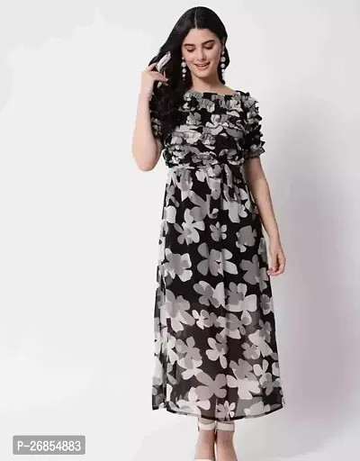 Stylish Black Crepe Printed Fit And Flare Dress For Women