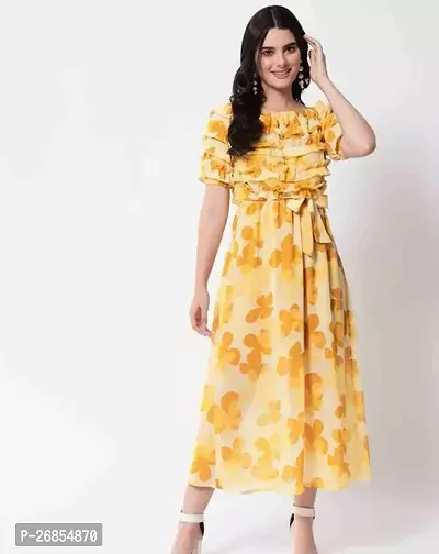Stylish Yellow Crepe Printed Fit And Flare Dress For Women