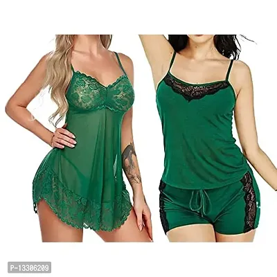 Pack Of Two Women Baby Doll Lingerie Nightwear Sleepwear Innerwear Bra With Panty Set Green