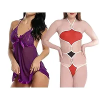 Special Designer Women Baby Doll Lingerie Nightwear Sleepwear Innerwear Bra With Panty Set Combo Pack Of 2-thumb2