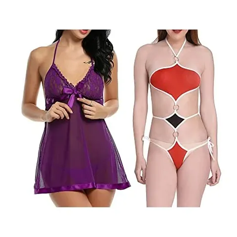 Special Designer Women Baby Doll Lingerie Nightwear Sleepwear Innerwear Bra With Panty Set Combo Pack Of 2