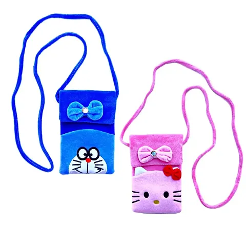 Cute Doremon Hallo Kitty Combo Soft Plush Crossbody Sling Bag for Women Girls |Cute Purse and Wallet | Mobile Cell Phone Holder Kawaii Purse Fur Material | Travel Mobile Pouch Clutch Side Bag