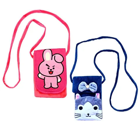 Cute bts jk cooky kitty cat combo soft plush crossbody sling bag for women girls | cute purse and wallet | mobile cell phone holder kawaii purse fur material | Travel Mobile Pouch clutch side bag