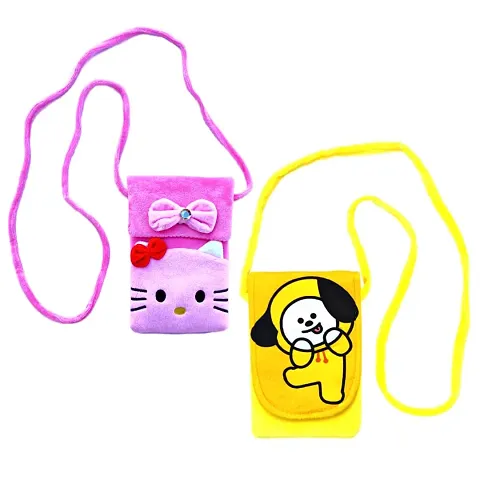 Cute jimin chimmy hallo kitty combo soft plush crossbody sling bag for women girls cute purse and wallet | mobile cell phone holder kawaii purse fur material | Travel Mobile Pouch clutch side bag