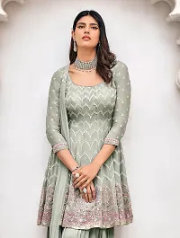 Stylish Grey Georgette Embroidered Kurta, Bottom and Dupatta Set For Women-thumb1