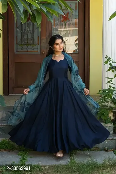 Trendy Blue Taffeta Silk Gown With Dupatta For Women-thumb0