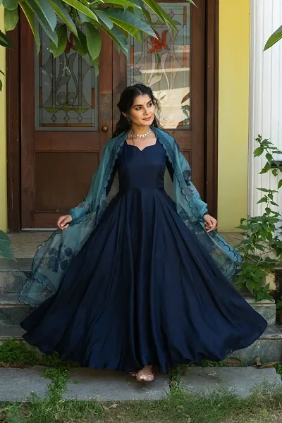 Attractive Taffeta Silk Solid Flared Gown With Dupatta For Women