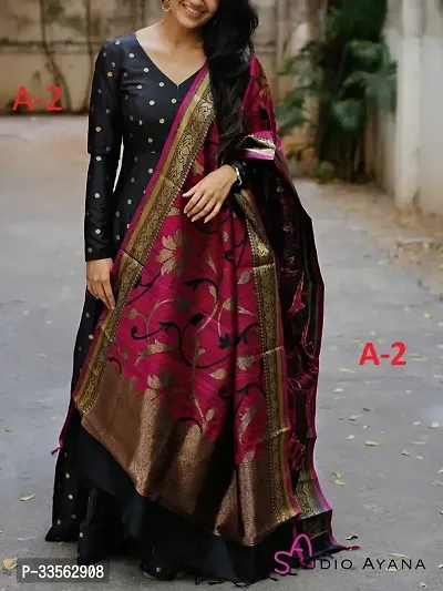 Trendy Black Taffeta Silk Gown With Dupatta For Women