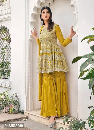 Stylish Yellow Georgette Embroidered Kurta, Bottom and Dupatta Set For Women-thumb0